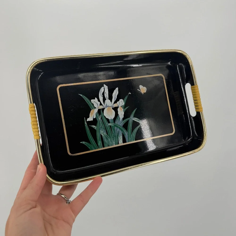 Vintage Black Lacquer Style Serving Tray Iris Butterfly Floral Gold Trim Handles